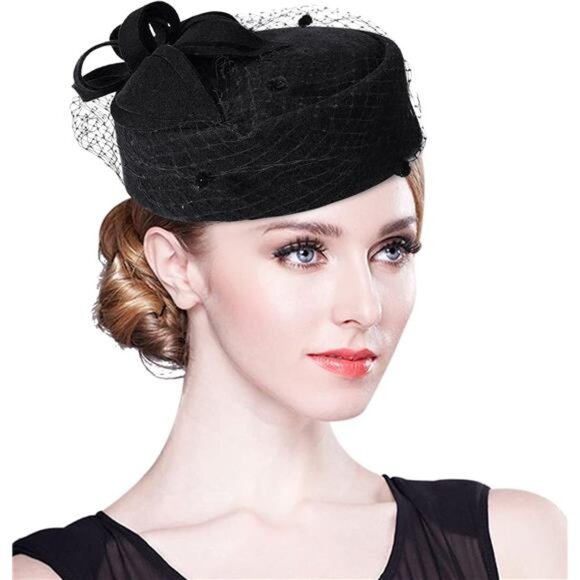British Vintage Wool Felt Pillbox Hat Ladies Church Derby Fascinator Hat Veil main image 7